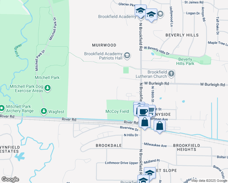map of restaurants, bars, coffee shops, grocery stores, and more near 3057 McCoy Lane in Brookfield