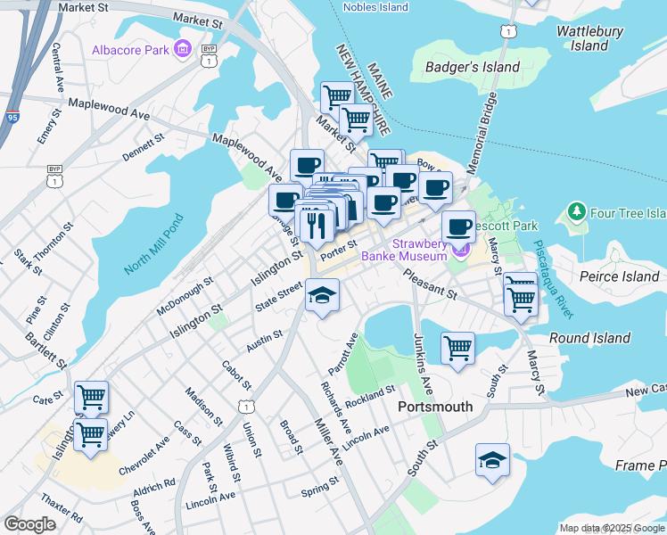 map of restaurants, bars, coffee shops, grocery stores, and more near 401 State Street in Portsmouth