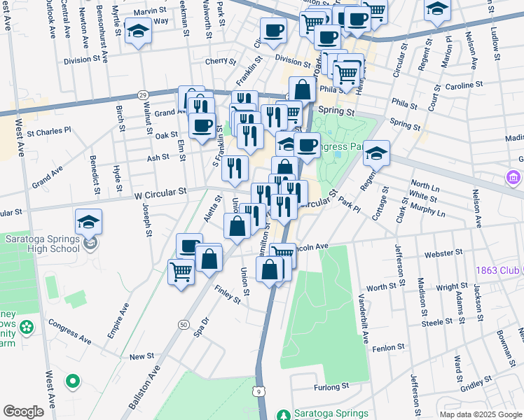 map of restaurants, bars, coffee shops, grocery stores, and more near 32 West Circular Street in Saratoga Springs