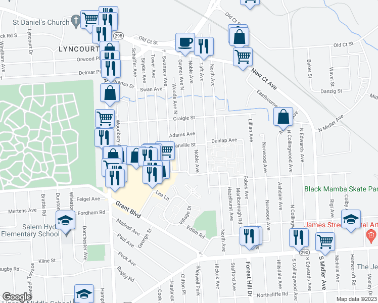 map of restaurants, bars, coffee shops, grocery stores, and more near 129 Noble Avenue in Syracuse