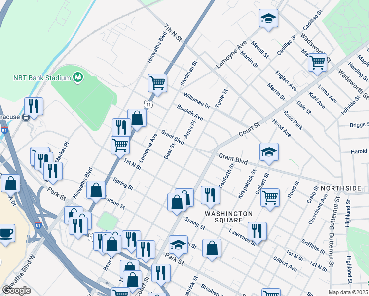 map of restaurants, bars, coffee shops, grocery stores, and more near 2831 Grant Boulevard in Syracuse