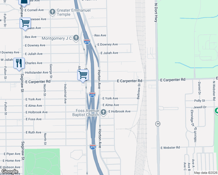 map of restaurants, bars, coffee shops, grocery stores, and more near 1166 East Carpenter Road in Flint