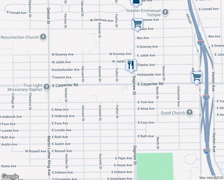 map of restaurants, bars, coffee shops, grocery stores, and more near 528 East Carpenter Road in Flint