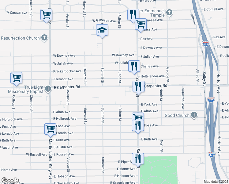 map of restaurants, bars, coffee shops, grocery stores, and more near 528 East Carpenter Road in Flint