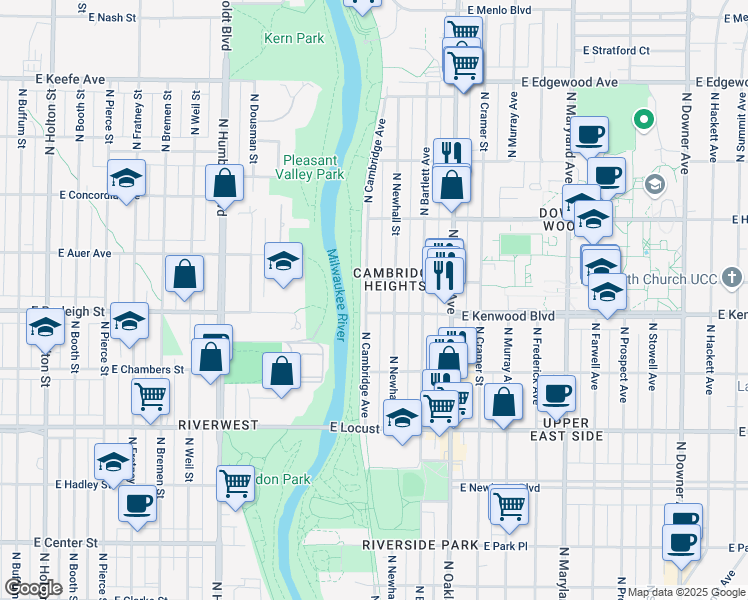 map of restaurants, bars, coffee shops, grocery stores, and more near 3138 North Cambridge Avenue in Milwaukee