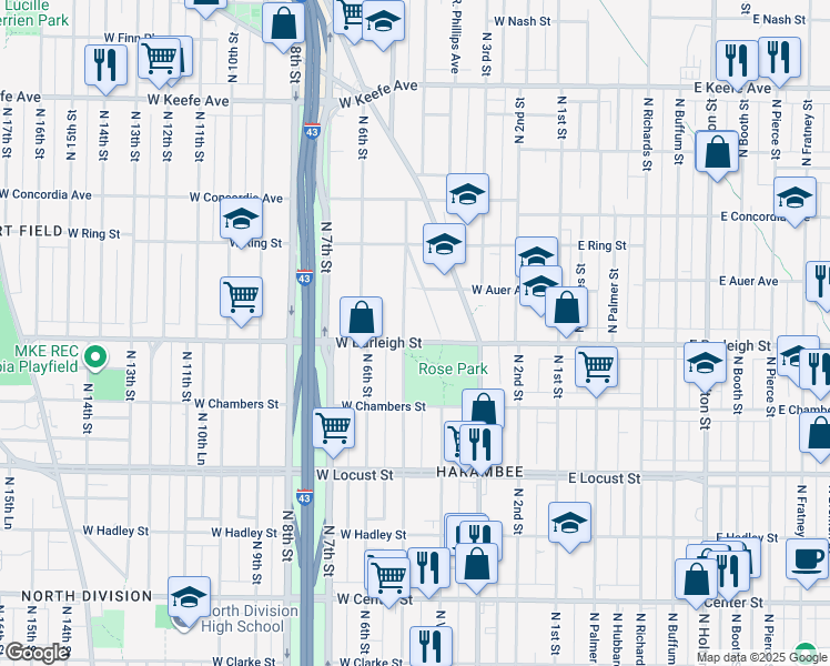 map of restaurants, bars, coffee shops, grocery stores, and more near 3130 North 5th Street in Milwaukee