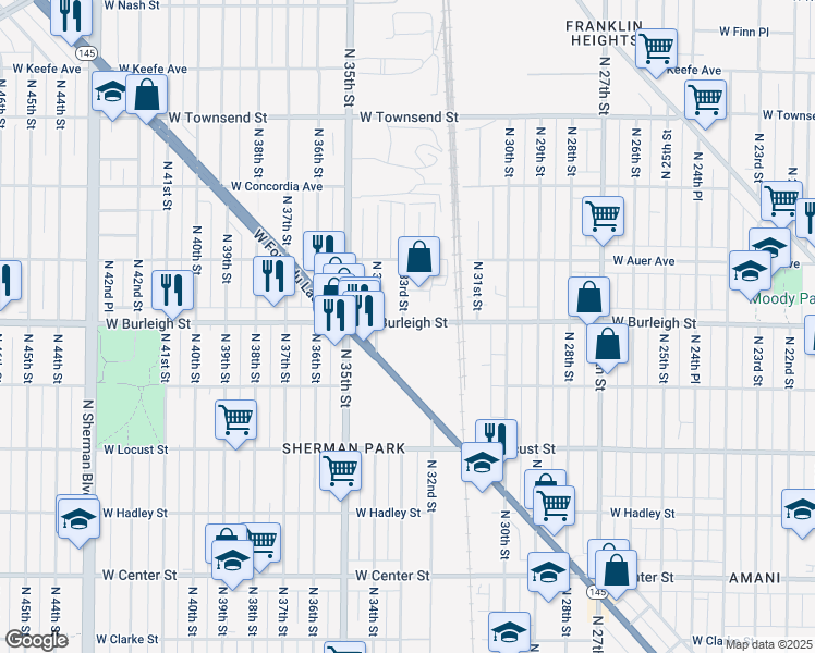 map of restaurants, bars, coffee shops, grocery stores, and more near 3316 West Burleigh Street in Milwaukee