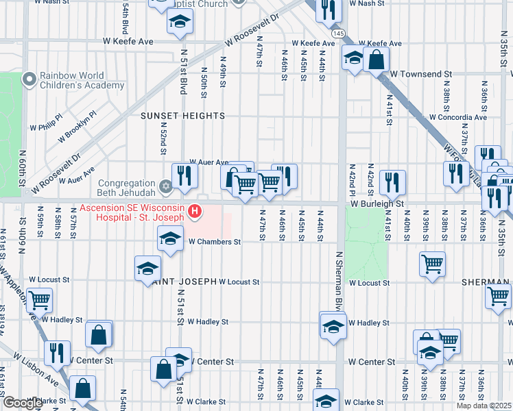map of restaurants, bars, coffee shops, grocery stores, and more near 4616-4634 West Burleigh Street in Milwaukee
