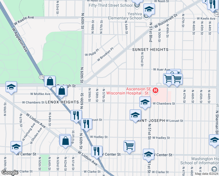 map of restaurants, bars, coffee shops, grocery stores, and more near 5624 West Burleigh Street in Milwaukee