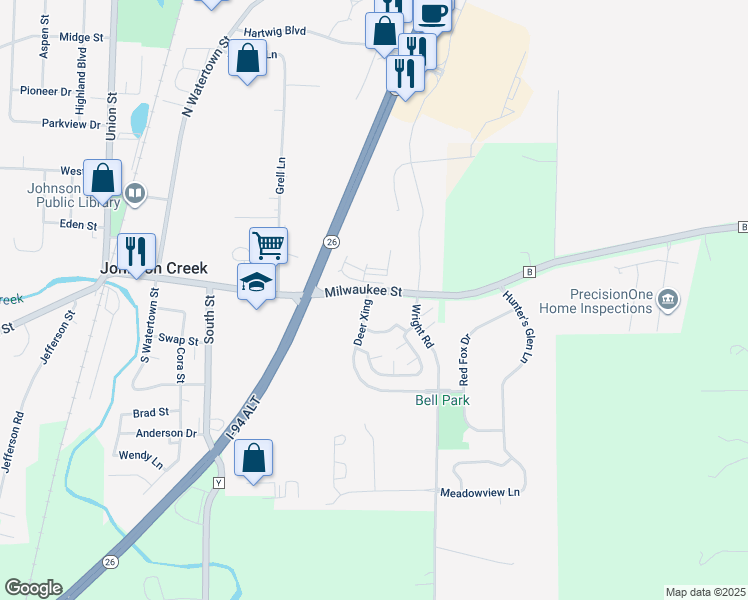 map of restaurants, bars, coffee shops, grocery stores, and more near Milwaukee Street in Johnson Creek