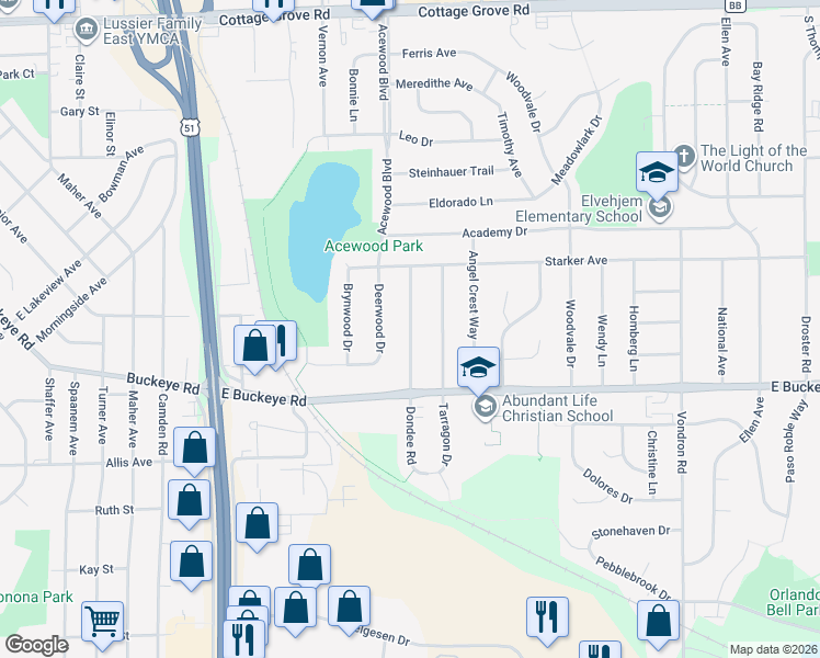 map of restaurants, bars, coffee shops, grocery stores, and more near 1606 Dondee Road in Madison