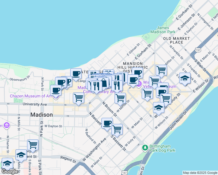 map of restaurants, bars, coffee shops, grocery stores, and more near 30 North Henry Street in Madison