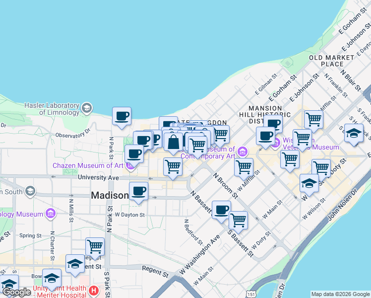 map of restaurants, bars, coffee shops, grocery stores, and more near 247 Langdon Street in Madison