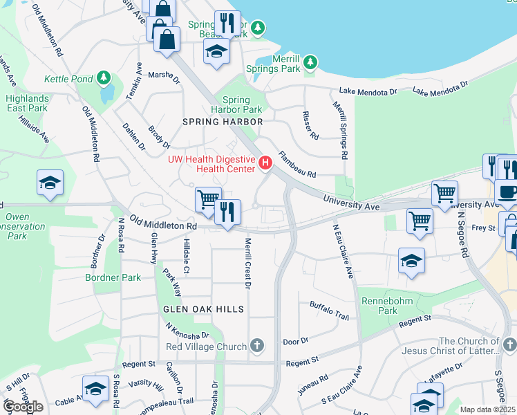 map of restaurants, bars, coffee shops, grocery stores, and more near 727 University Row in Madison