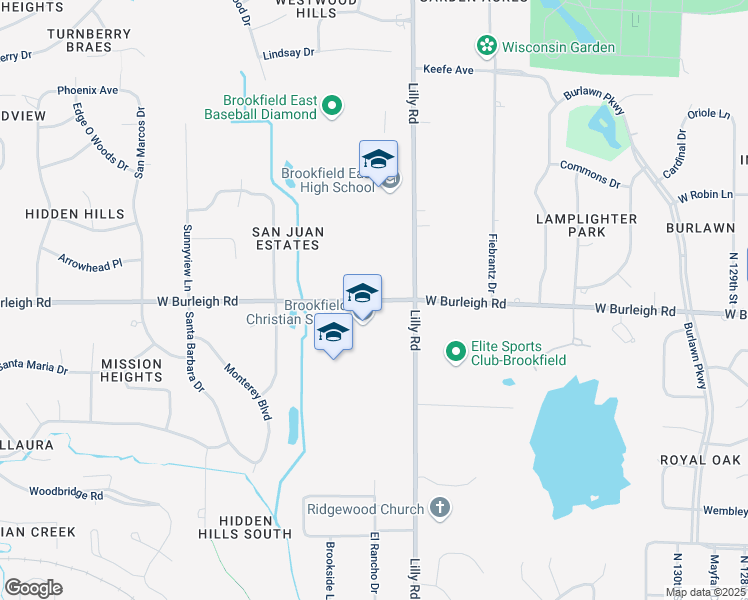 map of restaurants, bars, coffee shops, grocery stores, and more near 14304 West Burleigh Road in Brookfield