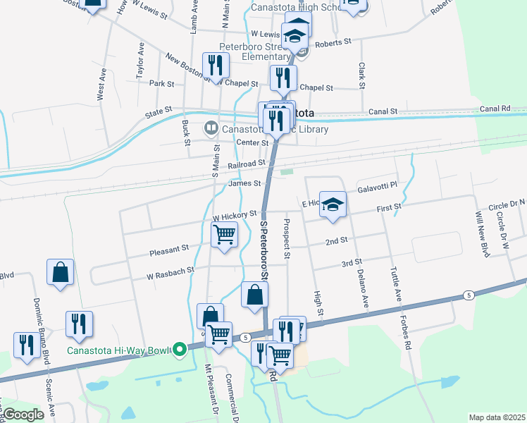 map of restaurants, bars, coffee shops, grocery stores, and more near South Peterboro Street & East Hickory Street in Canastota