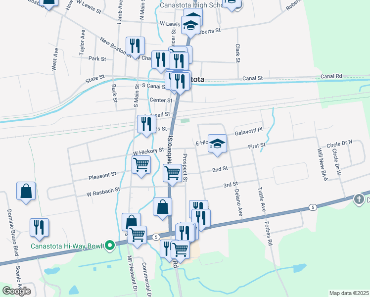 map of restaurants, bars, coffee shops, grocery stores, and more near Prospect Street & East Hickory Street in Canastota