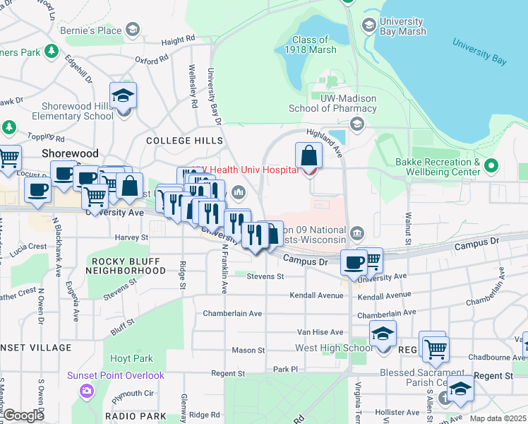 map of restaurants, bars, coffee shops, grocery stores, and more near 800 University Bay Drive in Madison