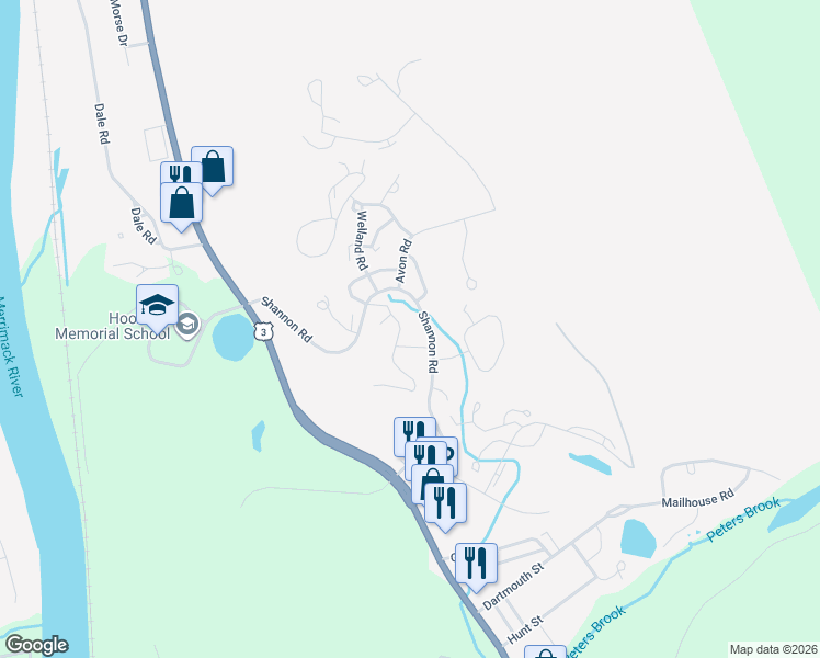 map of restaurants, bars, coffee shops, grocery stores, and more near 63-99 Shannon Road in Hooksett