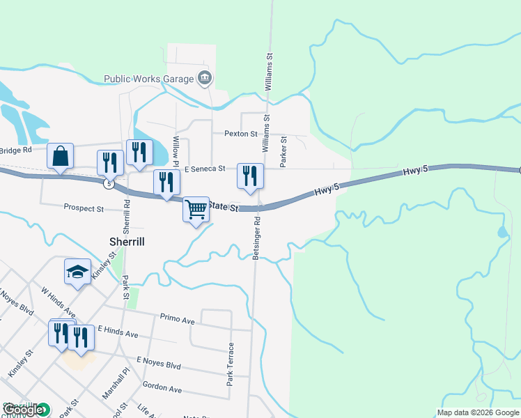 map of restaurants, bars, coffee shops, grocery stores, and more near 123 East State Street in Sherrill