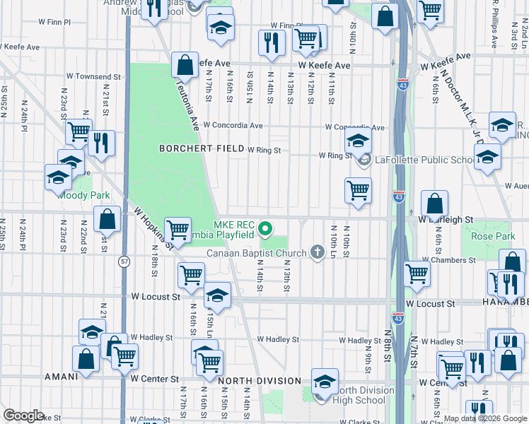 map of restaurants, bars, coffee shops, grocery stores, and more near 3120 North 14th Street in Milwaukee