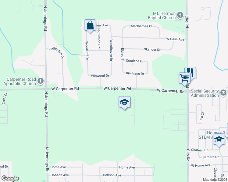 map of restaurants, bars, coffee shops, grocery stores, and more near 3258 West Carpenter Road in Flint