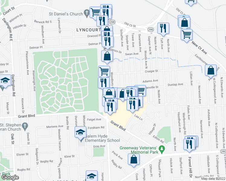 map of restaurants, bars, coffee shops, grocery stores, and more near 104 Woodbury Avenue in Syracuse