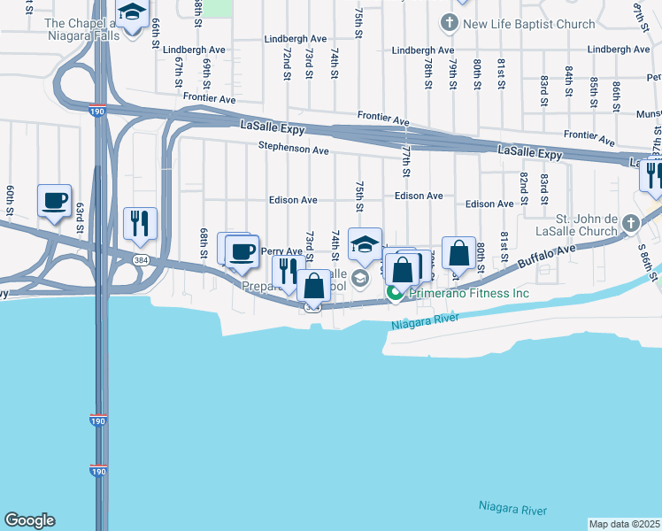 map of restaurants, bars, coffee shops, grocery stores, and more near 148 74th Street in Niagara Falls