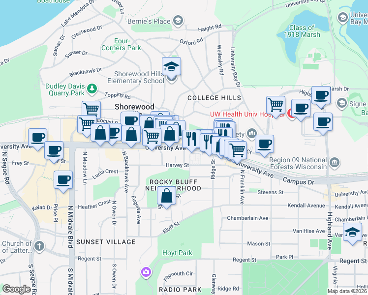 map of restaurants, bars, coffee shops, grocery stores, and more near University Avenue in Madison