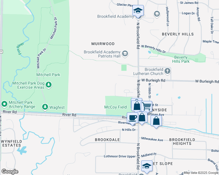 map of restaurants, bars, coffee shops, grocery stores, and more near 3057 Mc Coy Ln in Brookfield