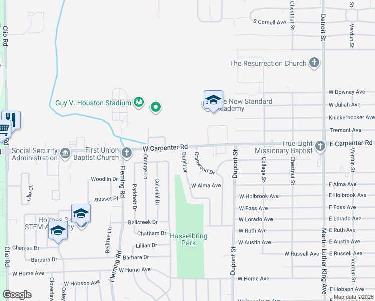 map of restaurants, bars, coffee shops, grocery stores, and more near 1035 West Carpenter Road in Flint