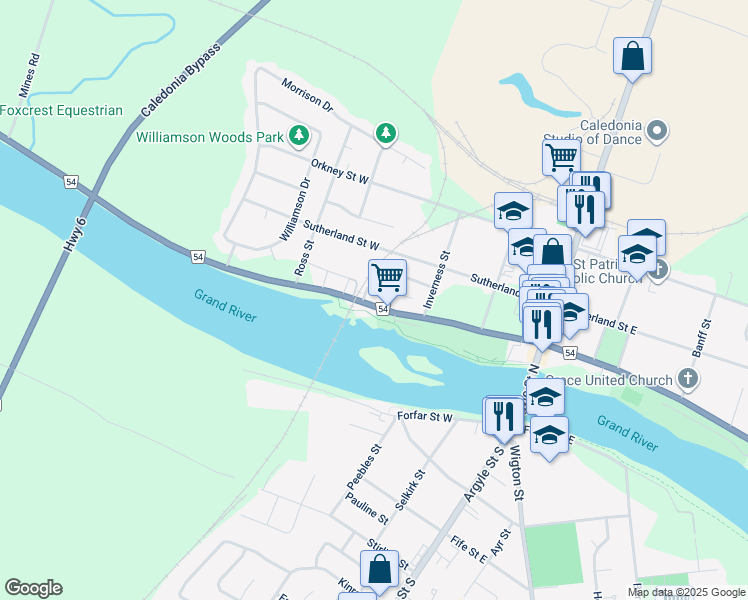 map of restaurants, bars, coffee shops, grocery stores, and more near 196 Caithness Street West in Caledonia