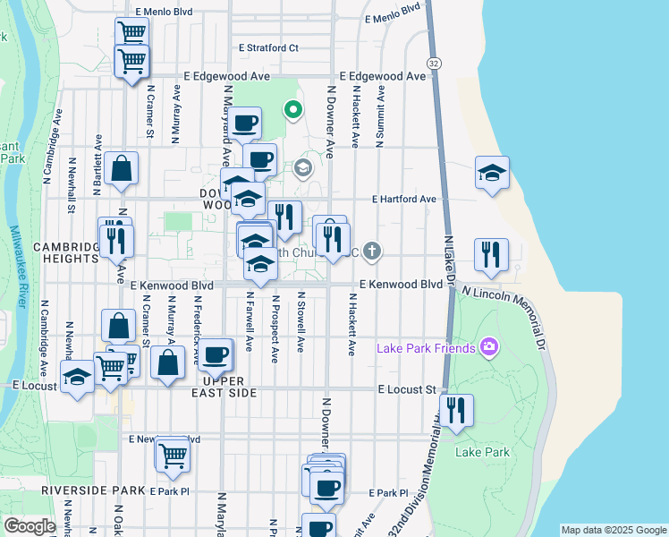 map of restaurants, bars, coffee shops, grocery stores, and more near 3116 North Downer Avenue in Milwaukee