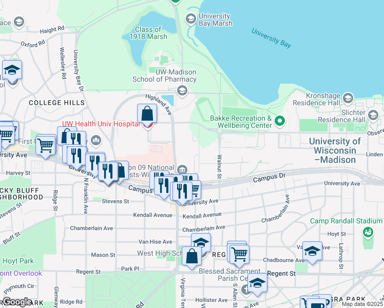 map of restaurants, bars, coffee shops, grocery stores, and more near 51 Gifford Pinchot Drive in Madison