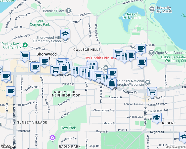 map of restaurants, bars, coffee shops, grocery stores, and more near 2840 University Avenue in Madison