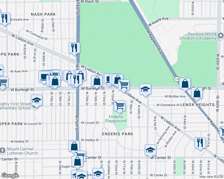 map of restaurants, bars, coffee shops, grocery stores, and more near 3077 North 72nd Street in Milwaukee
