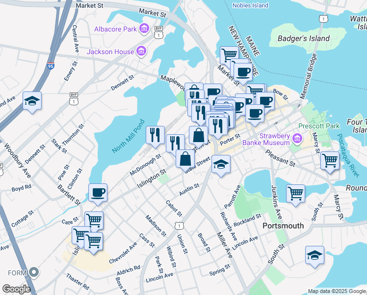 map of restaurants, bars, coffee shops, grocery stores, and more near 55 Rock Street in Portsmouth