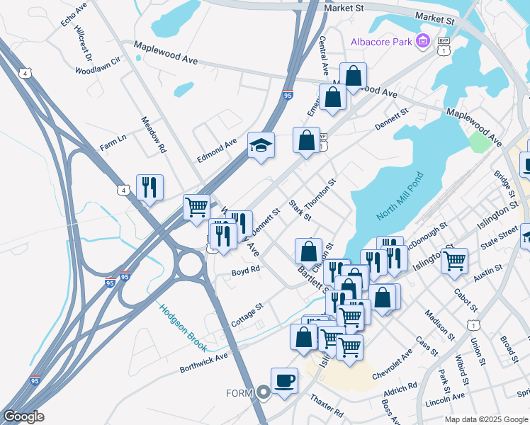 map of restaurants, bars, coffee shops, grocery stores, and more near 571 Dennett Street in Portsmouth