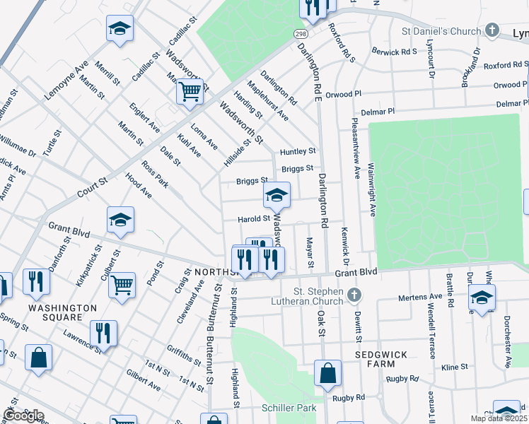map of restaurants, bars, coffee shops, grocery stores, and more near 166 Berkshire Avenue in Syracuse