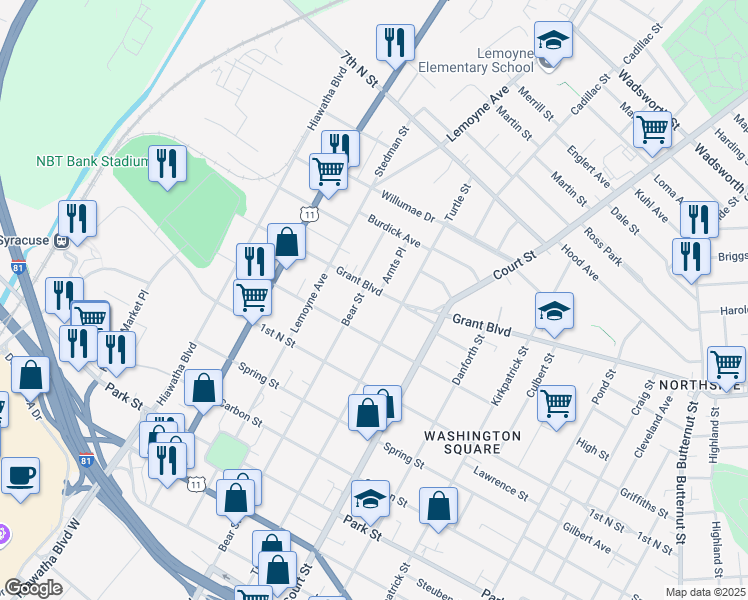 map of restaurants, bars, coffee shops, grocery stores, and more near 2831 Grant Boulevard in Syracuse