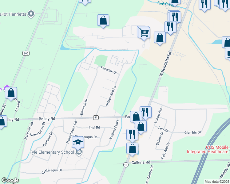 map of restaurants, bars, coffee shops, grocery stores, and more near 4 Green Ivy Circle in Rochester