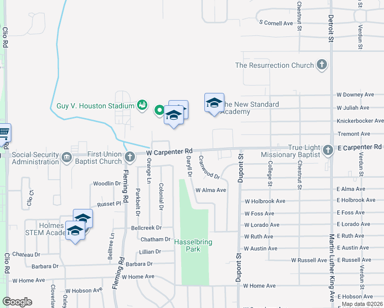 map of restaurants, bars, coffee shops, grocery stores, and more near 1035 West Carpenter Road in Flint