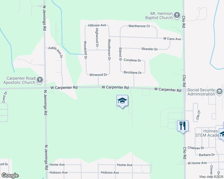 map of restaurants, bars, coffee shops, grocery stores, and more near 3258 West Carpenter Road in Flint