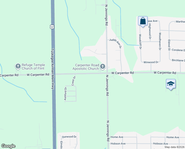 map of restaurants, bars, coffee shops, grocery stores, and more near 4048 West Carpenter Road in Flint