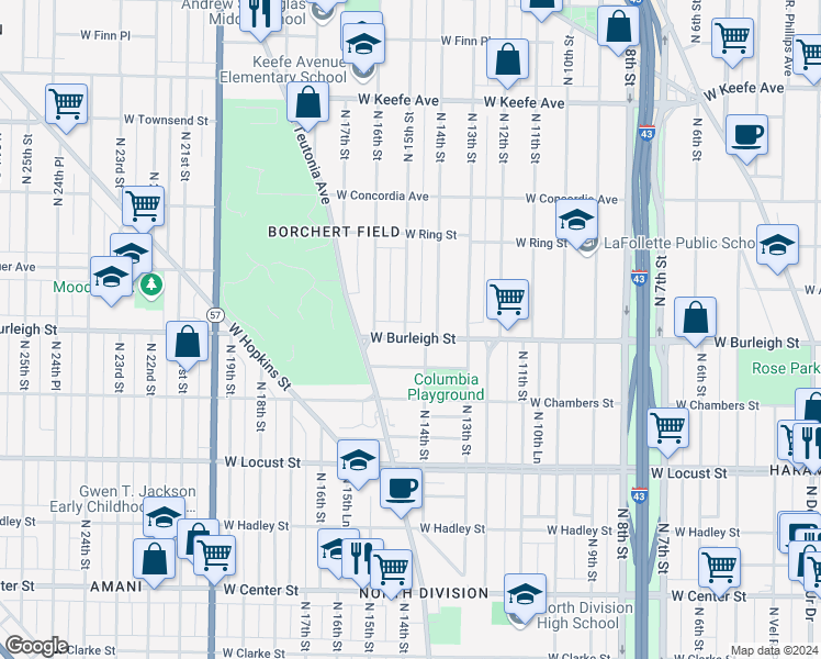map of restaurants, bars, coffee shops, grocery stores, and more near in Milwaukee