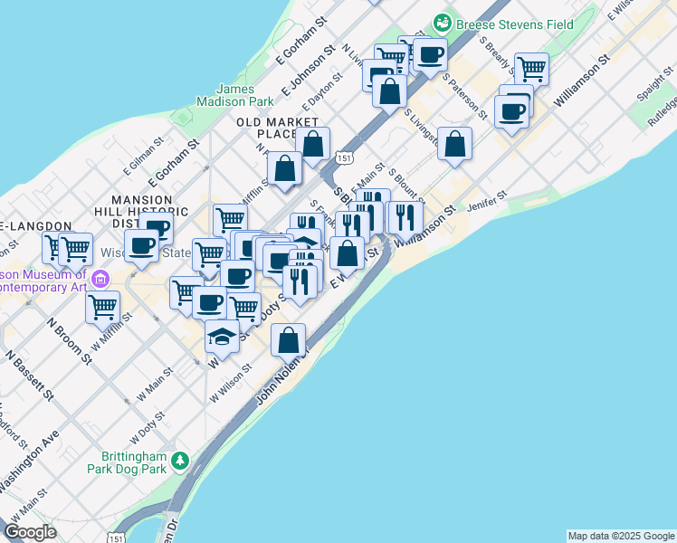 map of restaurants, bars, coffee shops, grocery stores, and more near 406 East Wilson Street in Madison