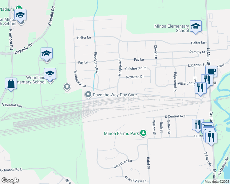 map of restaurants, bars, coffee shops, grocery stores, and more near 52 Windebank Lane in Minoa