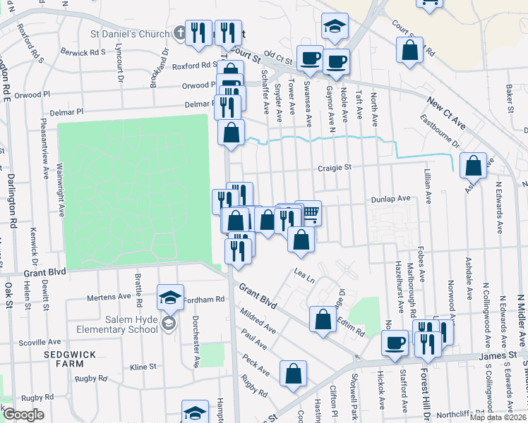 map of restaurants, bars, coffee shops, grocery stores, and more near 204 Schaffer Avenue in Syracuse
