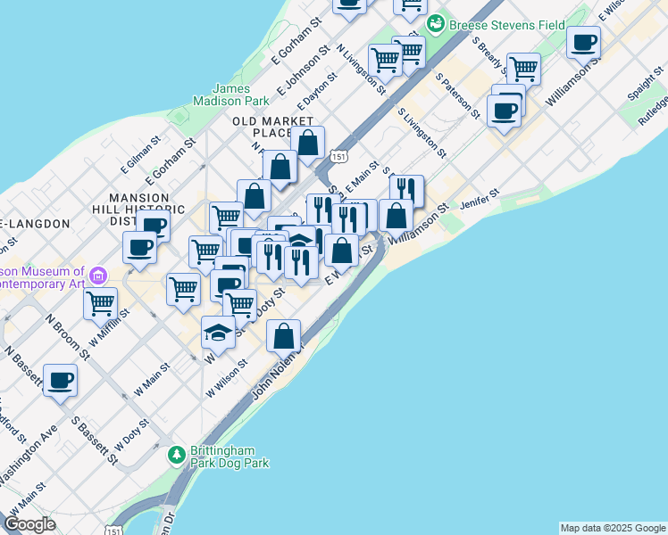 map of restaurants, bars, coffee shops, grocery stores, and more near 320 East Wilson Street in Madison