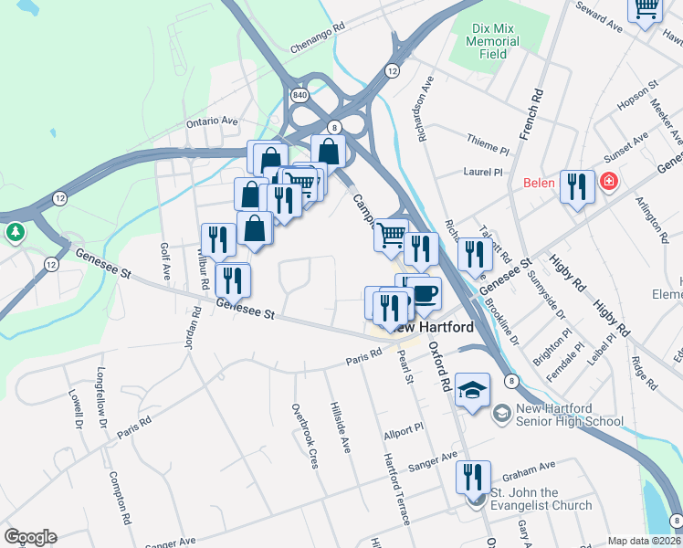 map of restaurants, bars, coffee shops, grocery stores, and more near 138 Colonial Drive in New Hartford